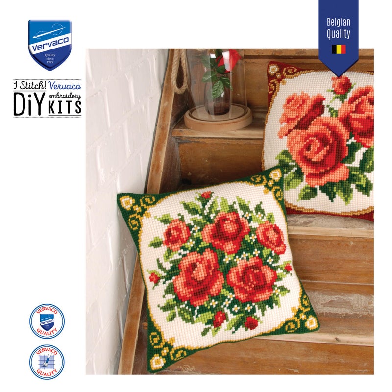 Vervaco Cross Stitch Cushion (Pale Red Roses) - Image 2